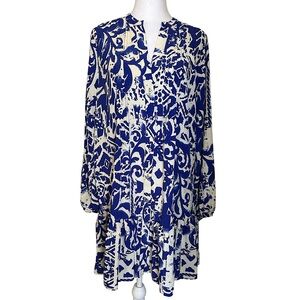 NWT Zara Women’s Blue White Printed Smock Dress Button-Front Ruffle Hem Size XL